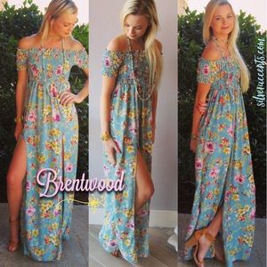 Maxi Double slit Smocked off the shoulder Dress